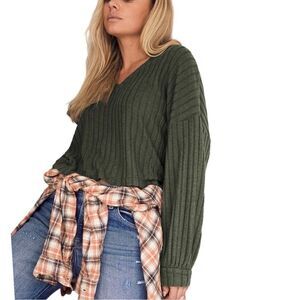 Lulus Olive Green Ribbed V-neck‎ Crop Sweater Top